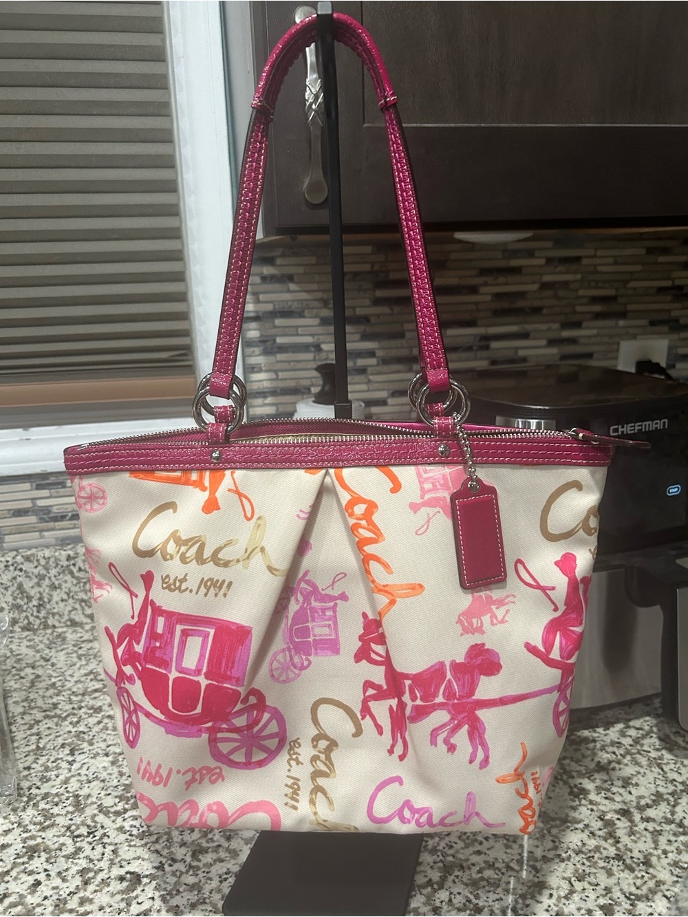 Coach Cream Canvas Tote with Pink Accent Handles